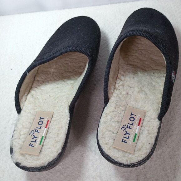Fly Flot Made in Italy Black Wool Blend Slip-On House Slippers Size 40 Fleece - Picture 3 of 8